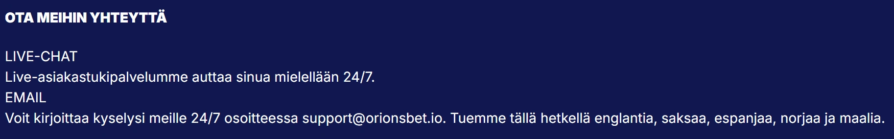 Orionsbet Casino Asiakaspalvelu