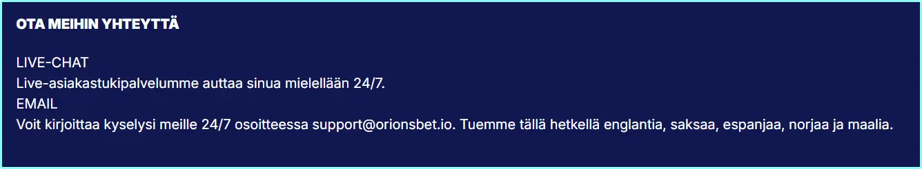 OrionsBet Casino Asiakaspalvelu